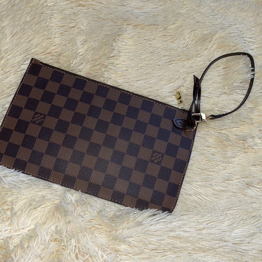 Brown checkered Wristlet with Gold Hardware